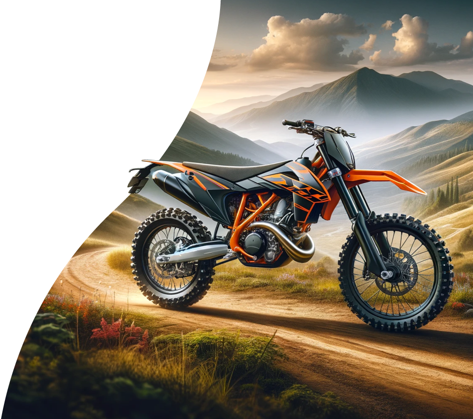 Image générée par IA d'une moto noire et orange stationnée sur un chemin de terre. Des montagnes sont visibles à l'arrière-plan.